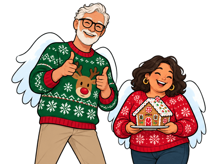 Illustration of two people with angel wings, one is giving thumbs up, the other is holding a gingerbread house